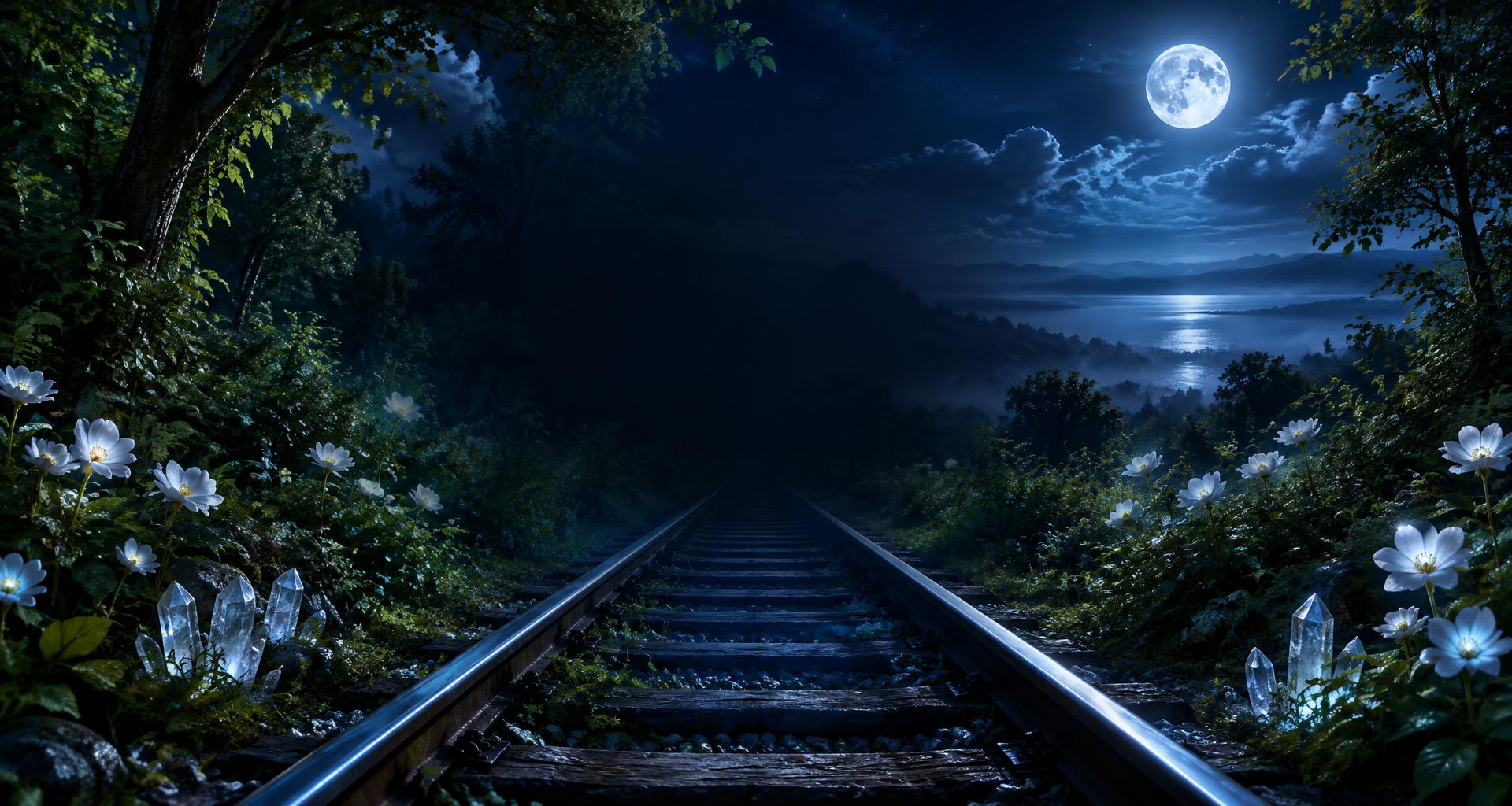 Silver railroad tracks winding through a moonlit woodland with flowers and crystals.