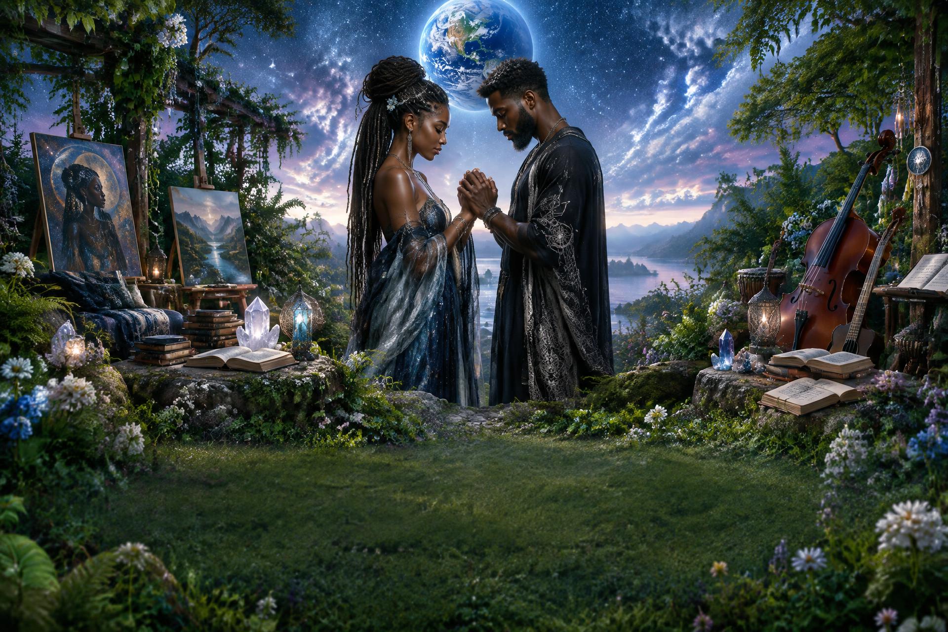 Feminine and masculine energies holding hands in prayer in a garden of art, books, crystals and music, beneath a dreamy sky with Earth above.
