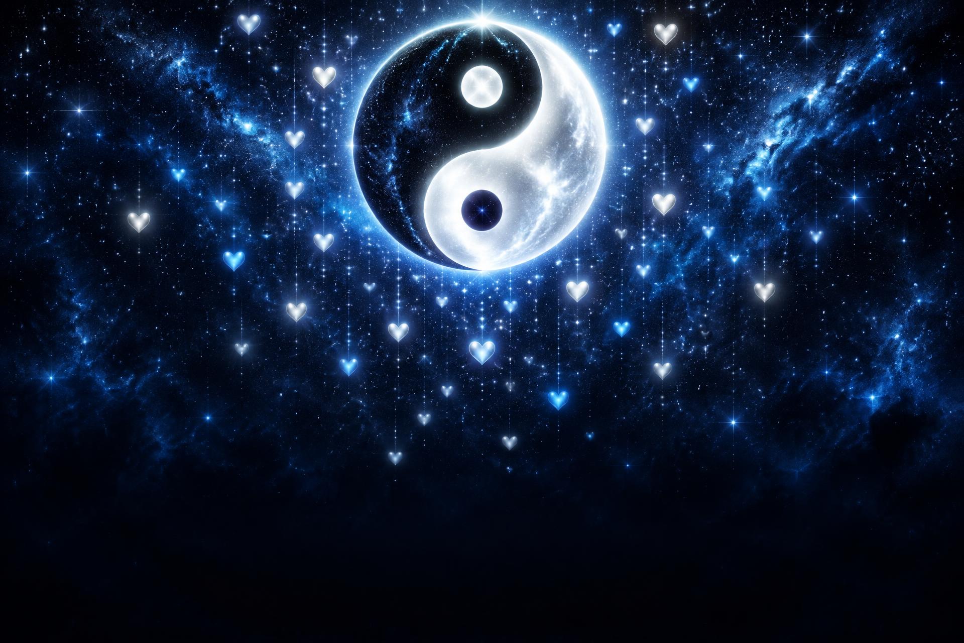 One luminous yin-yang symbol with little descending hearts in a star-lit blue and silver sky.